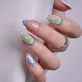 CurvLife Medium Almond Floral Press On Nails in Lime Riviera Black front view