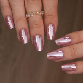 CurvLife Medium Coffin Chrome Press On Nails Rose Mirror Gold Pink front view