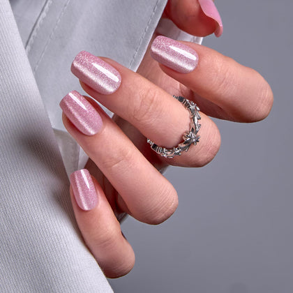CurvLife Medium Square Chrome Cat Eye Press On Nails in Galaxy Mirror Pink front view
