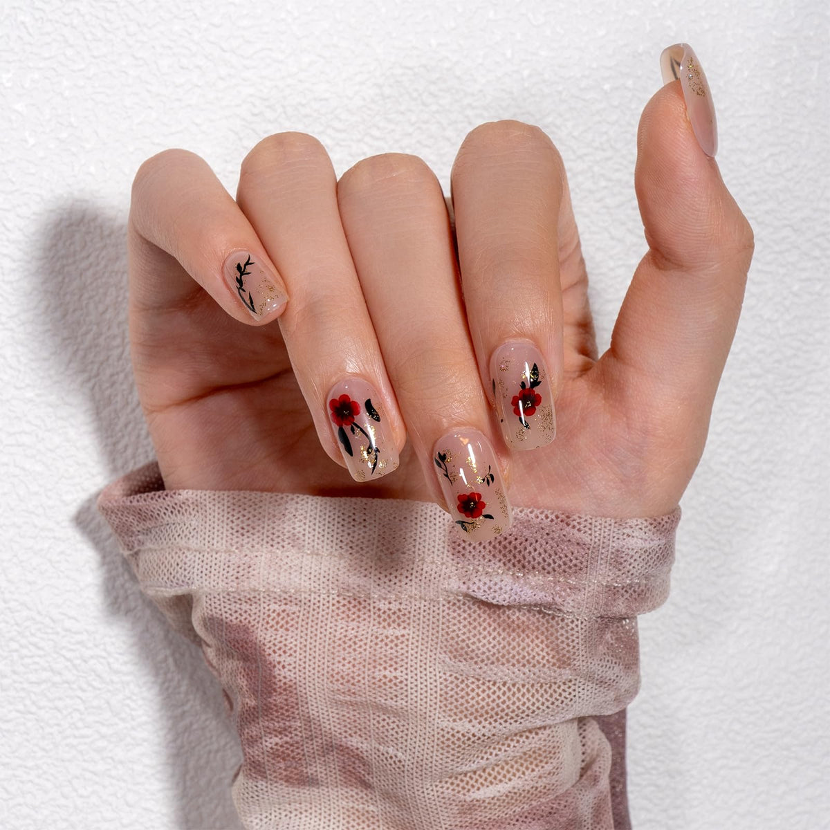 CurvLife Medium Square Floral Press On Nails in use