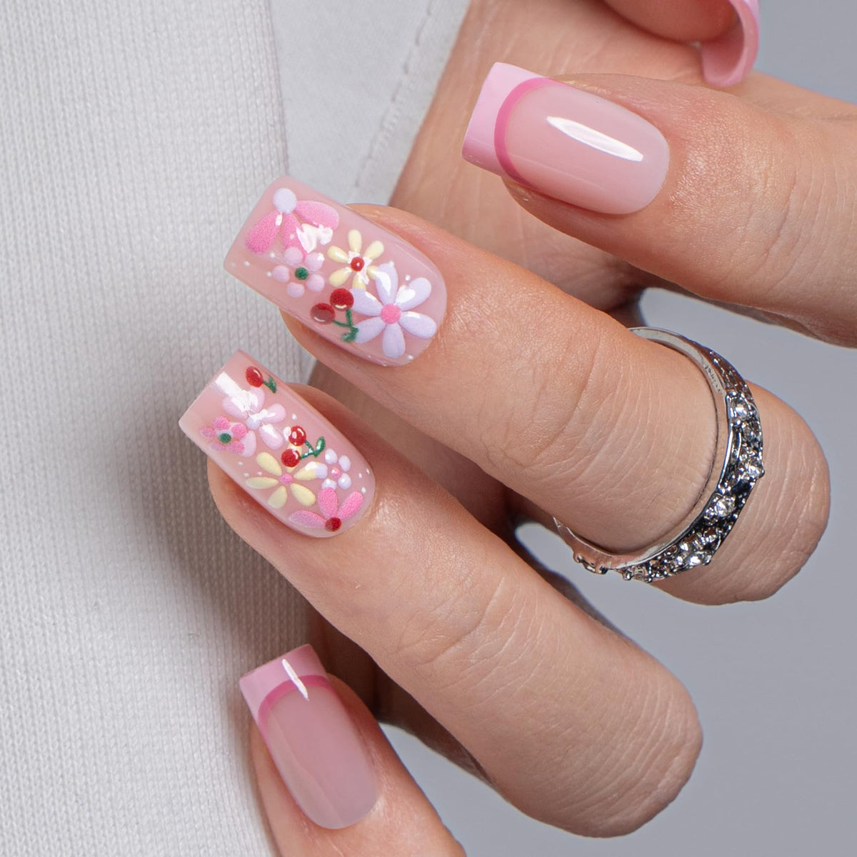 CurvLife Medium Square Floral Press On Nails Pink Meadow front view
