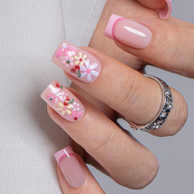 CurvLife Medium Square Floral Press On Nails Pink Meadow front view