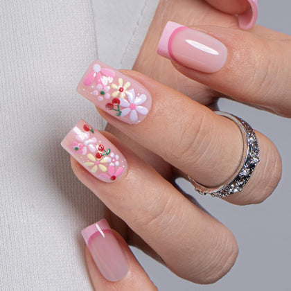 CurvLife Medium Square Floral Press On Nails Pink Meadow front view