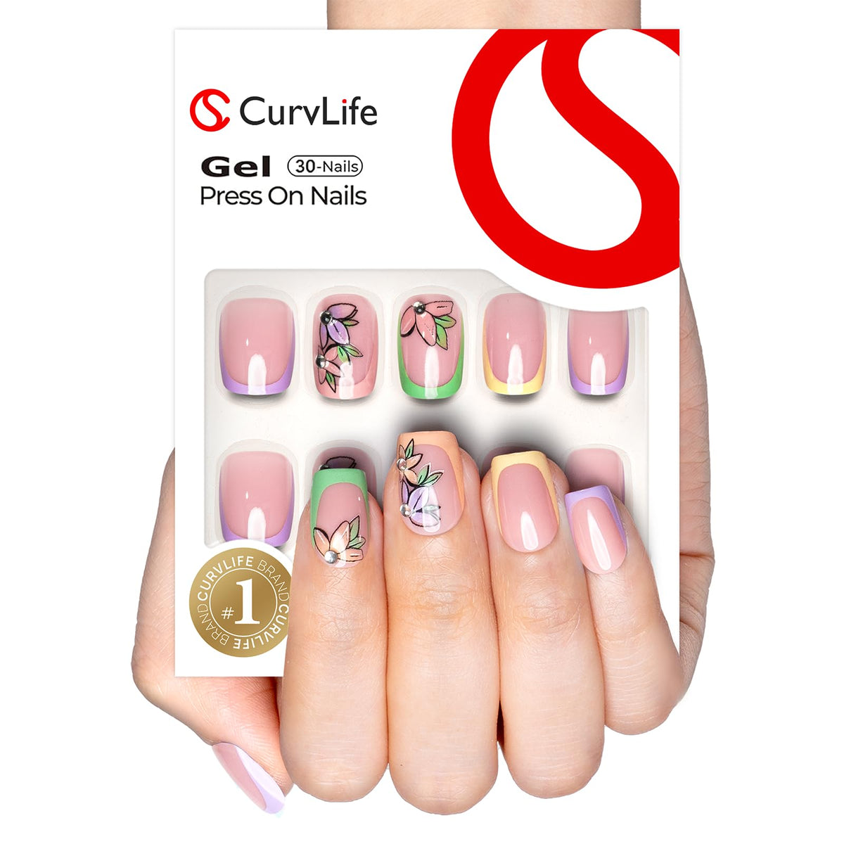 CurvLife Medium Square Floral Press On Nails Rainbow Bloom Pink front view