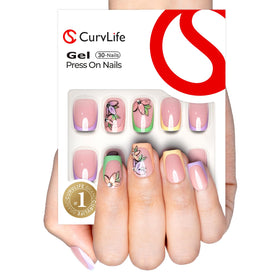 CurvLife Medium Square Floral Press On Nails Rainbow Bloom Pink front view