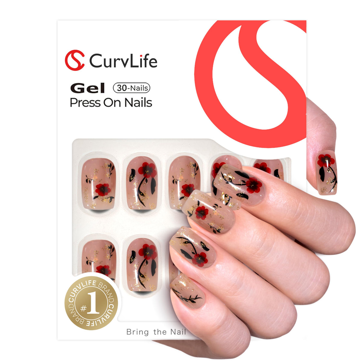 CurvLife Medium Square Floral Press On Nails Red Bloom front view