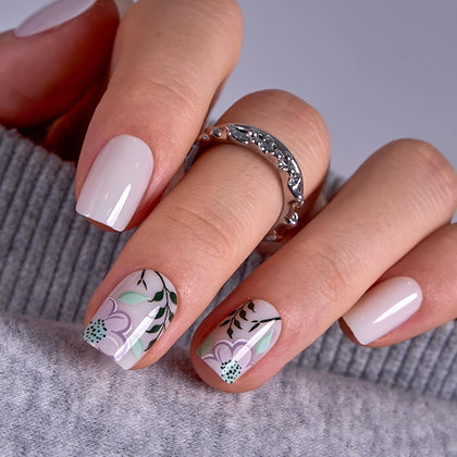 CurvLife Medium Square French Tip Press On Nails Garden Bloom front view
