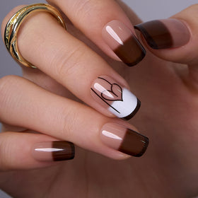 CurvLife Medium Square French Tip Press On Nails in brown front view