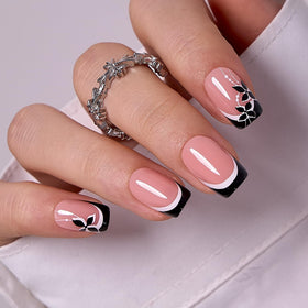 CurvLife Medium Square French Tip Press On Nails in Noir Bloom Black front view