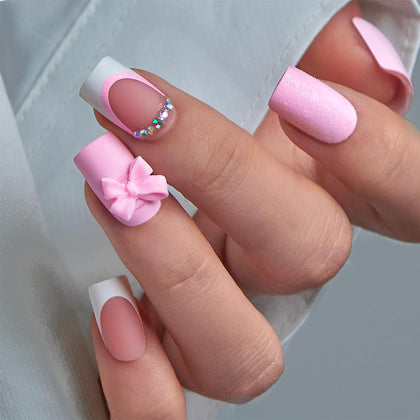 CurvLife Medium Square French Tip Press On Nails in Pink Fairy front view