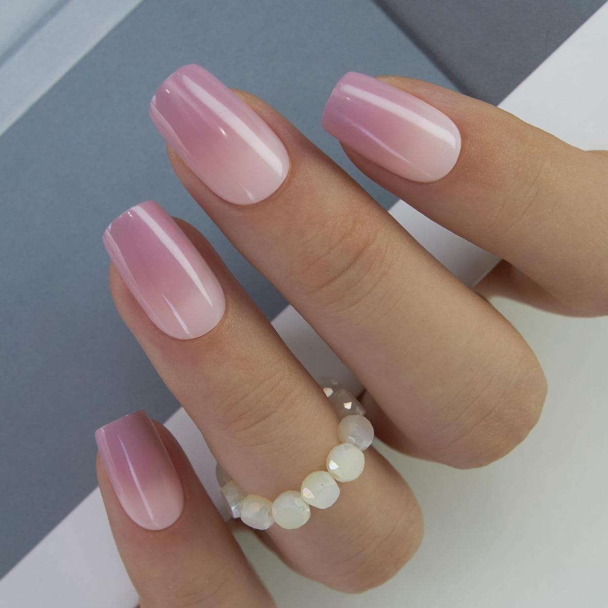 CurvLife Medium Square French Tip Press On Nails in Rose Fade Pink front view