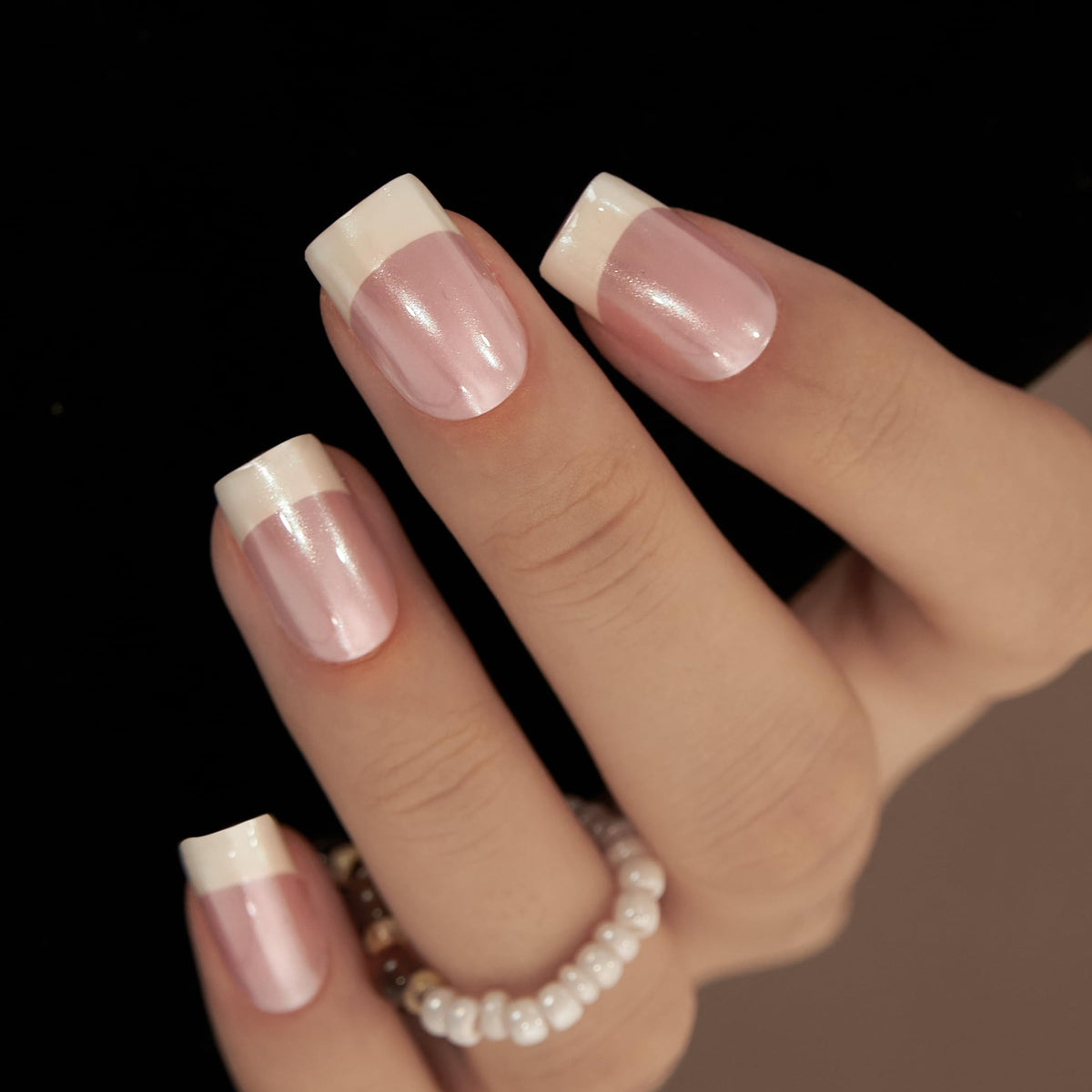 CurvLife Medium Square French Tip Press On Nails Pearl White front view