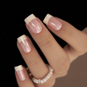 CurvLife Medium Square French Tip Press On Nails Pearl White front view