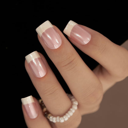 CurvLife Medium Square French Tip Press On Nails Pearl White front view