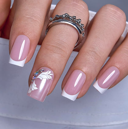 CurvLife Medium Square French Tip Press On Nails Petal Shine front view