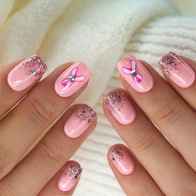 CurvLife Medium Square Glitter Press On Nails pink ribbon close-up