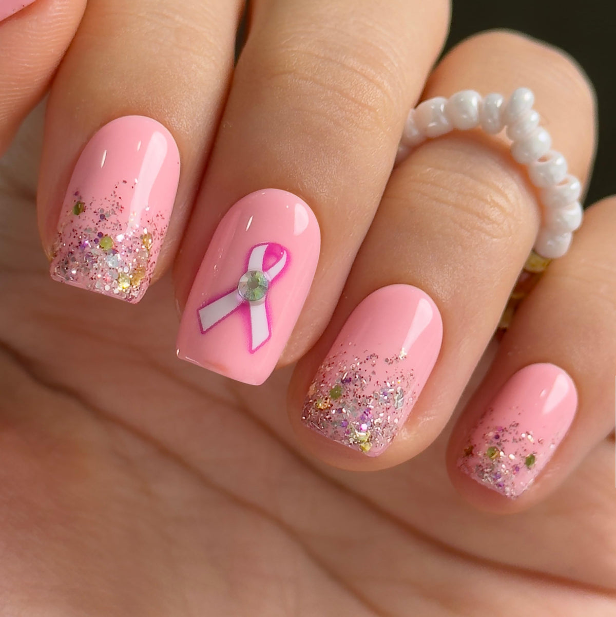 CurvLife Medium Square Glitter Press On Nails pink ribbon front view