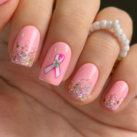 CurvLife Medium Square Glitter Press On Nails pink ribbon front view