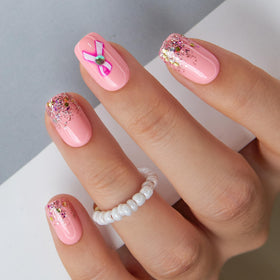 CurvLife Medium Square Glitter Press On Nails pink ribbon in storage box