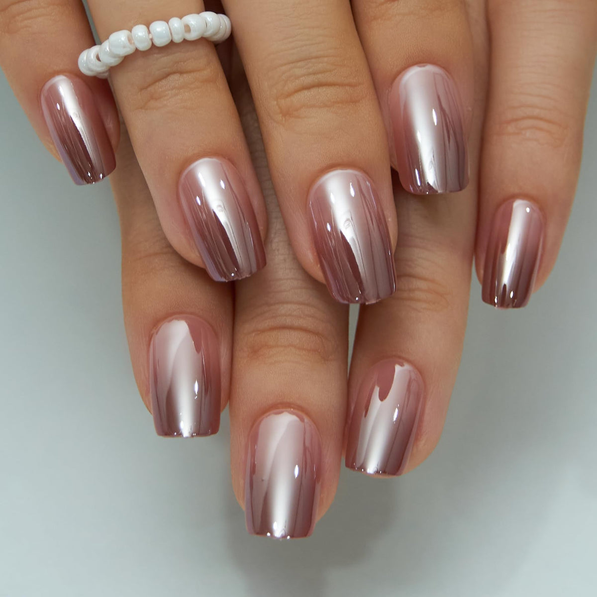 CurvLife Medium Square Press On Nails Brown Pearl close-up