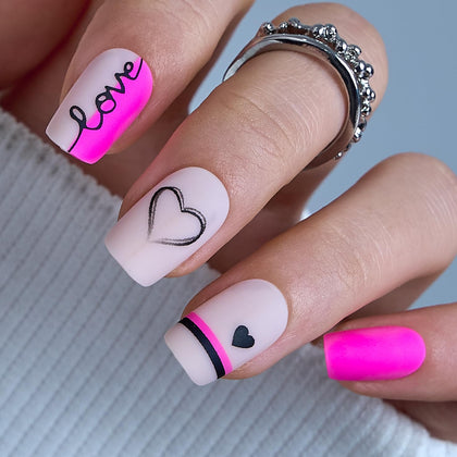 CurvLife Medium Square Press On Nails in Heart Line Black front view