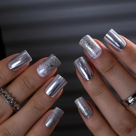 CurvLife Medium Square Press On Nails in Silver Mirror finish