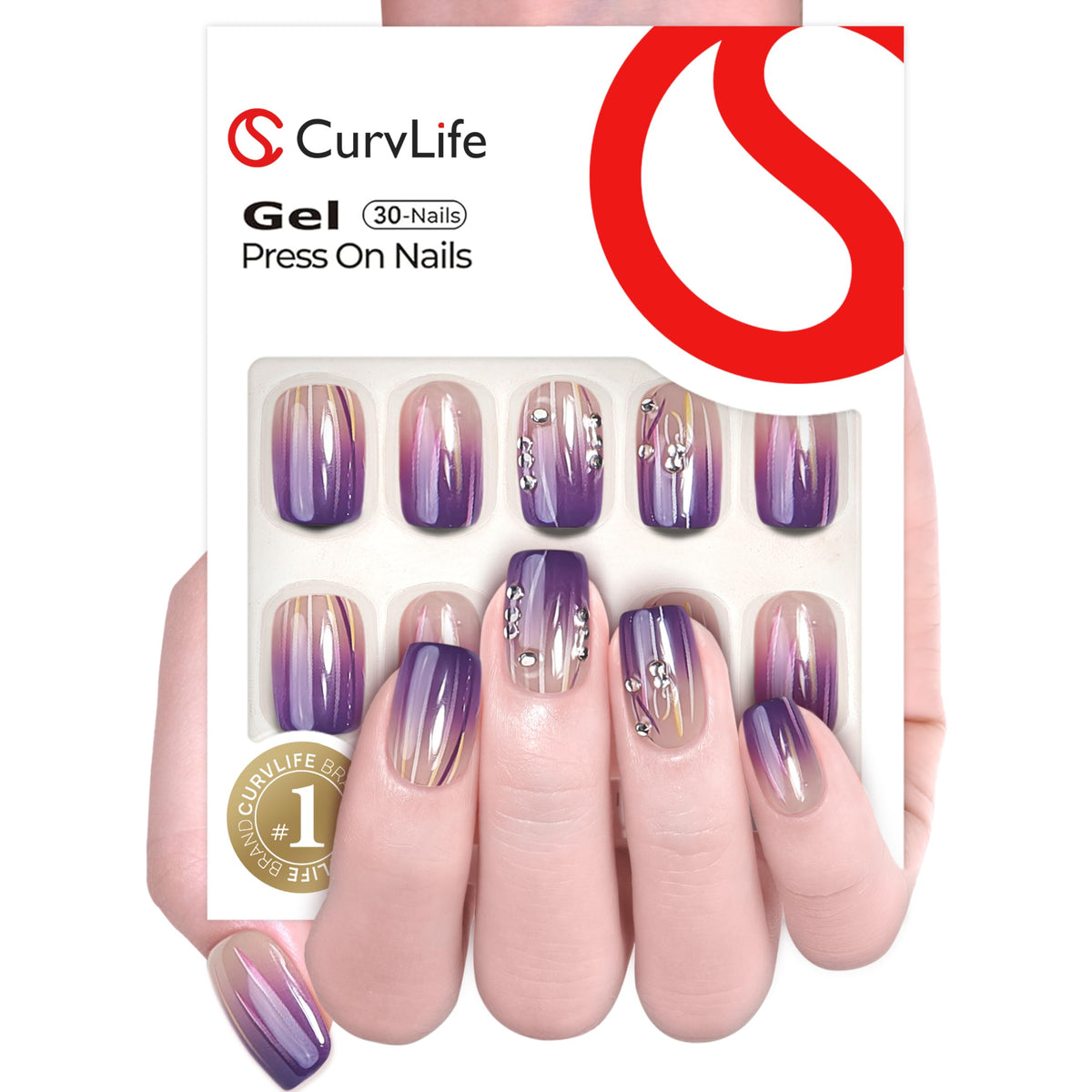 CurvLife Medium Square Press On Nails packaging with jelly glue stickers