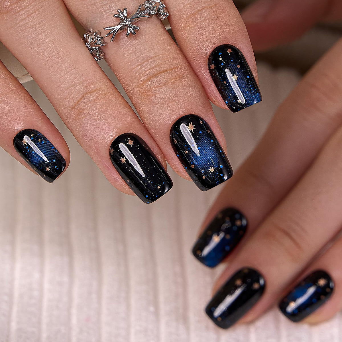 CurvLife Medium Square Press On Nails Starry Sky Black in storage box