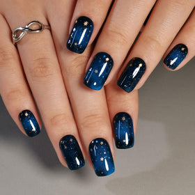 CurvLife Medium Square Press On Nails Starry Sky Black with accessories