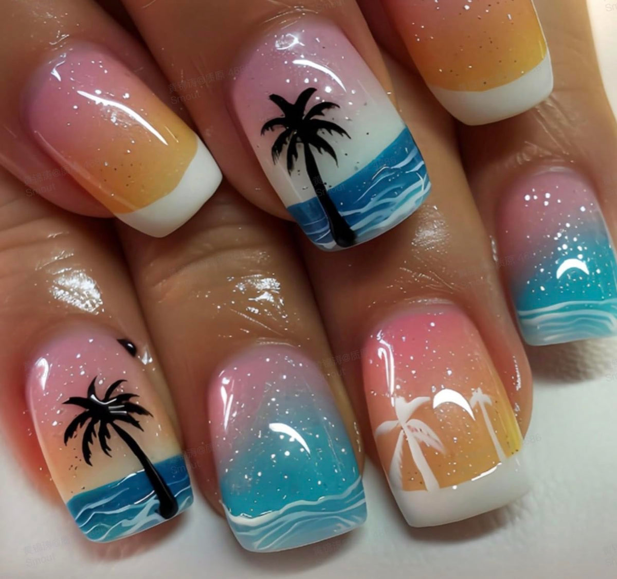CurvLife Medium Square Tropical Press On Nails Summer Sunset Pink front view