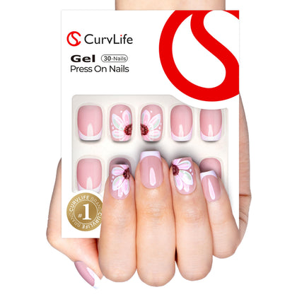 CurvLife Short French Tip Press On Nails Classic Edge Pink front view