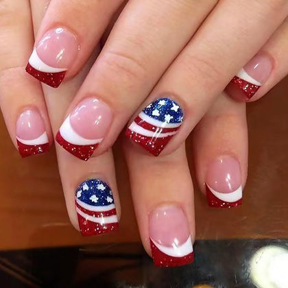 CurvLife Short French Tip Press On Nails in Independence Red front view