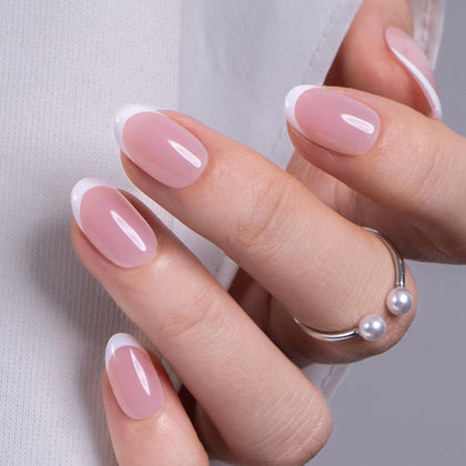 CurvLife Short Oval French Tip Press On Nails Lilac Pink front view
