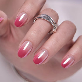 CurvLife Short Oval Ombre Press On Nails Dew Blush Pink on model