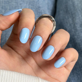 CurvLife Short Oval Press On Nails Sky Veil Blue with nail glue and file