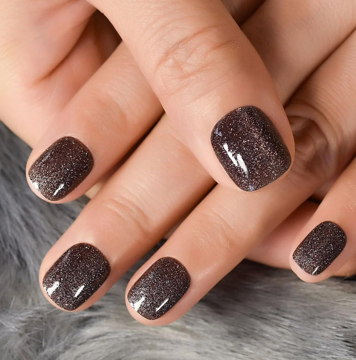 CurvLife Short Square Cat Eye Glitter Press On Nails in Starry Brown Black front view