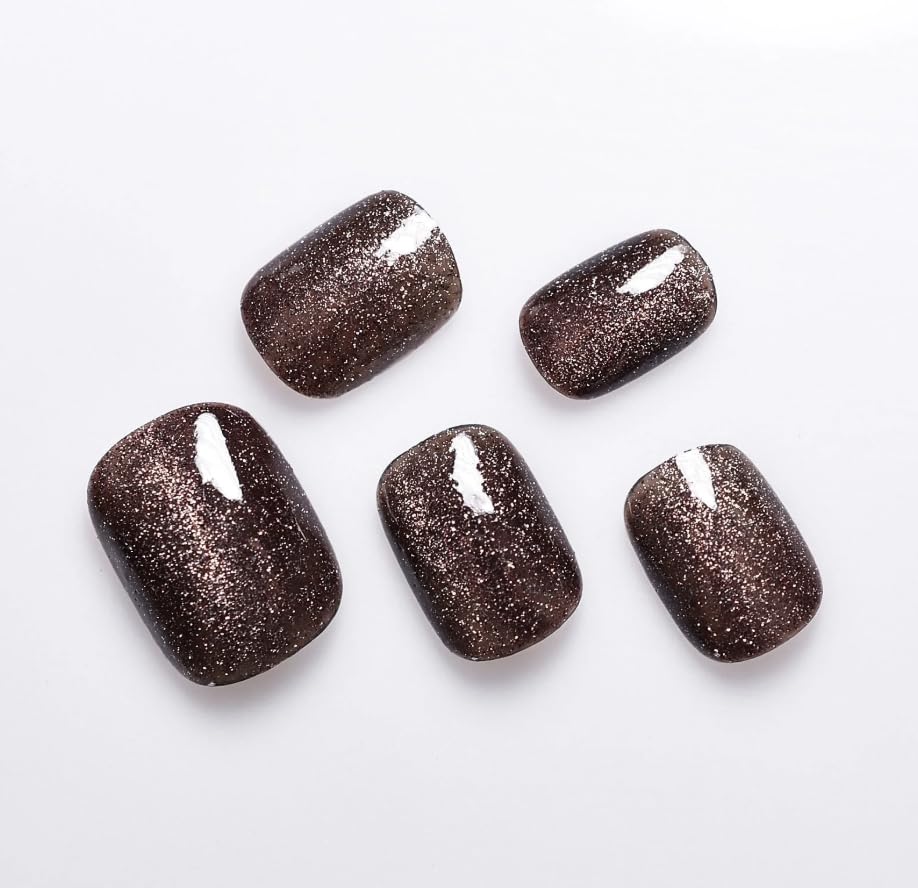 CurvLife Short Square Cat Eye Glitter Press On Nails with nail glue and file