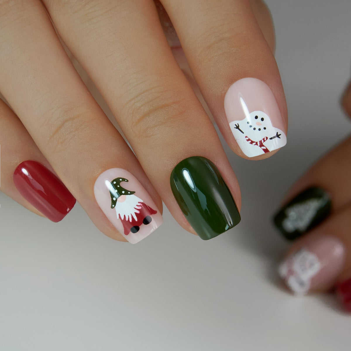 CurvLife Short Square Christmas Press On Nails in packaging with accessories included