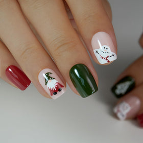 CurvLife Short Square Christmas Press On Nails in packaging with accessories included
