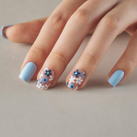 CurvLife Short Square Floral Press On Nails Azure Bloom Blue in storage box