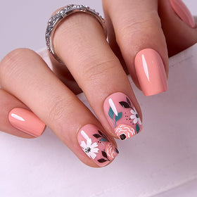 CurvLife Short Square Floral Press On Nails Coral Bloom Orange front view