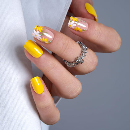 CurvLife Short Square Floral Press On Nails in Bloom Yellow front view