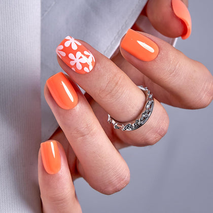 CurvLife Short Square Floral Press On Nails in Orange White front view