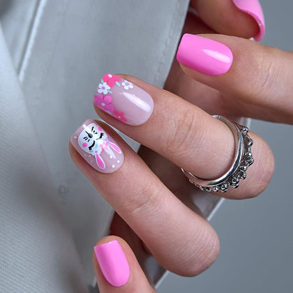 CurvLife Short Square Floral Press On Nails Rabbit Pink front view