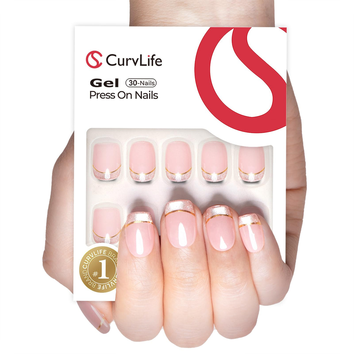CurvLife Short Square French Tip Cat Eye Press On Nails in Galaxy Mirror front view
