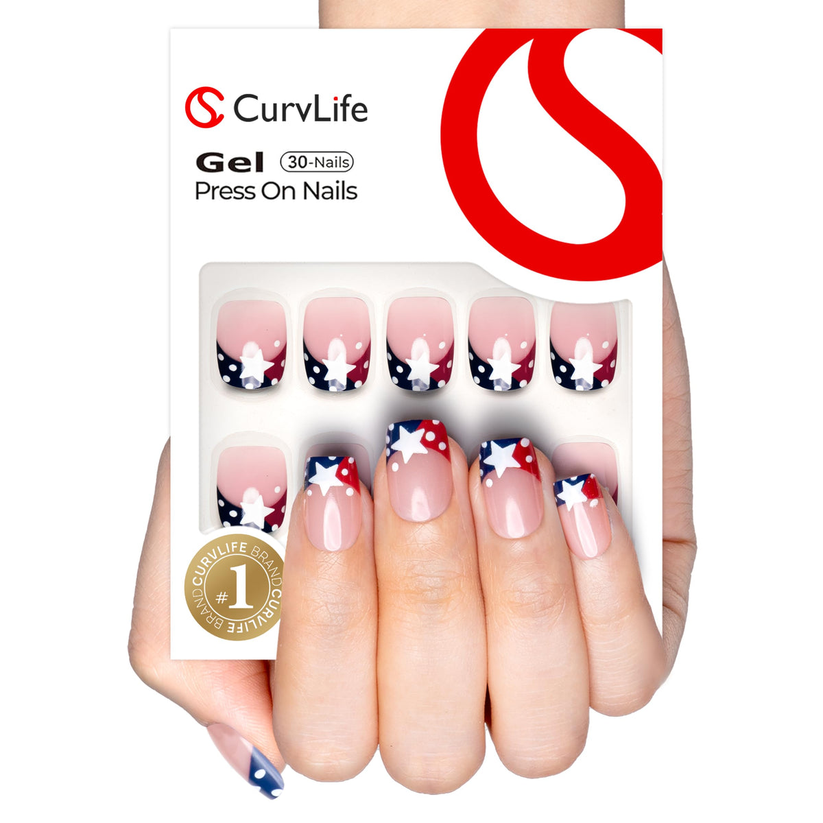 CurvLife Short Square French Tip Press On Nails Classic Edge Red front view