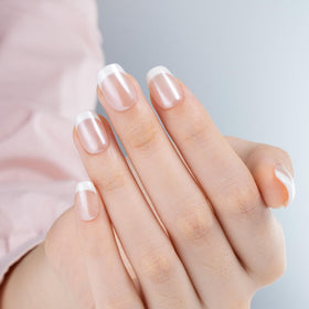 CurvLife Short Square French Tip Press On Nails Classic Edge White with double-sided nail file