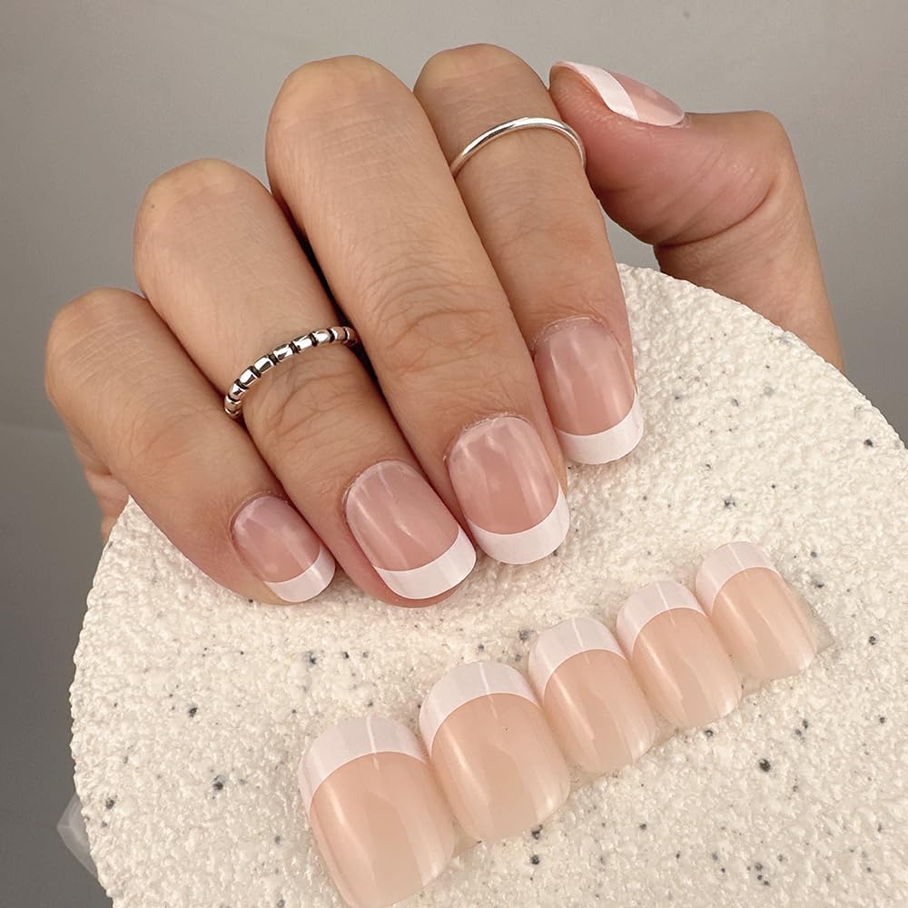 CurvLife Short Square French Tip Press On Nails Edge White close-up view