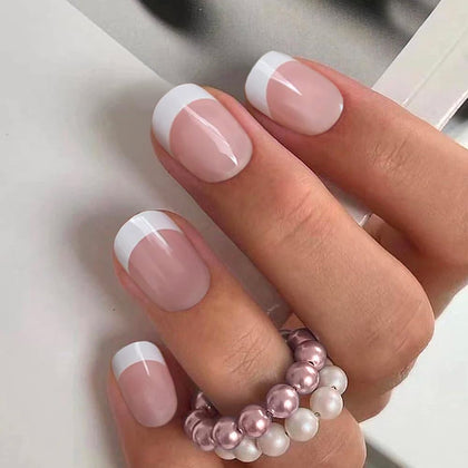 CurvLife Short Square French Tip Press On Nails Edge White front view
