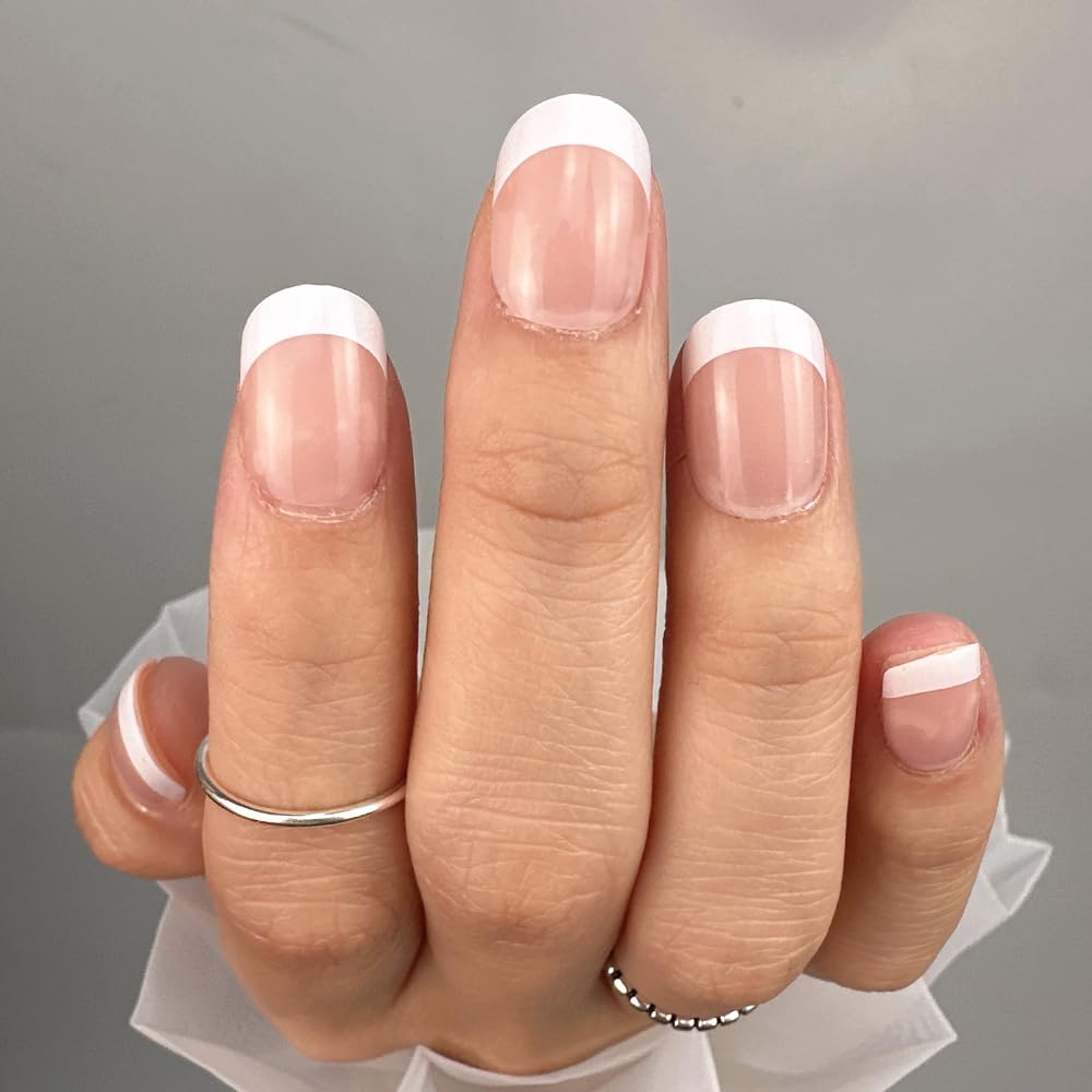 CurvLife Short Square French Tip Press On Nails Edge White on a hand